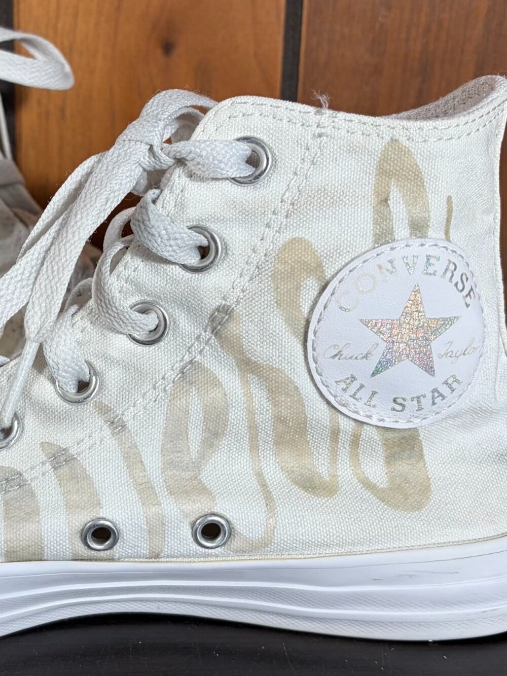 Converse Chuck Taylor All Star High Metallic Script Logo Sneakers White Sz 7.5
